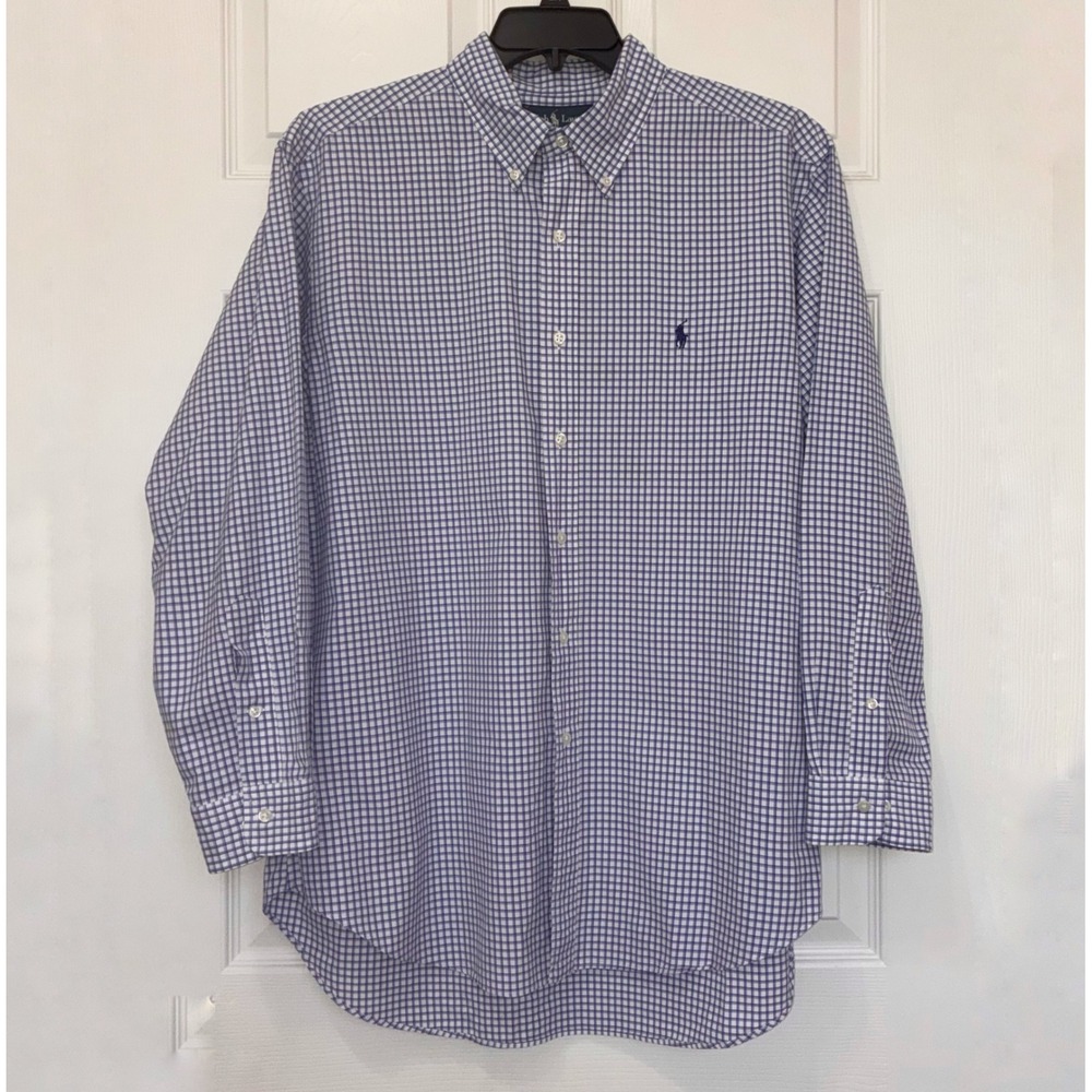 Ralph Lauren Classic Fit button down shirt Men's 17X32 Blue White black plaid